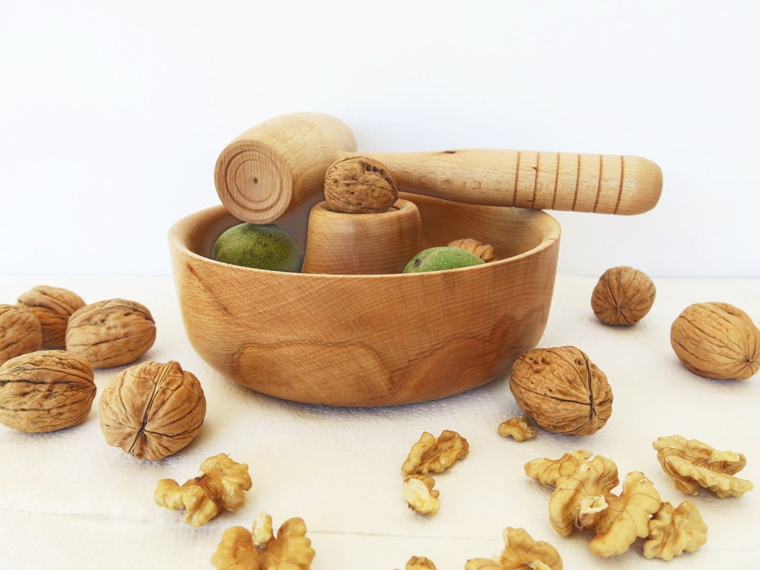 Handmade Wooden Nut Cracker Bowl With Mallet, Walnut Bowl, Nut Cracking