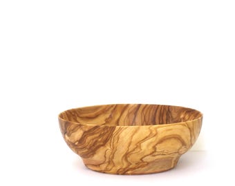 May include: A round wooden bowl featuring a distinct natural grain pattern with swirling light and dark brown tones. The bowl has a smooth, polished surface, a wide circular opening, and a slightly tapered base that sits flat on a surface.