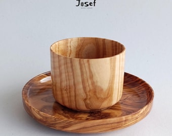 Handmade Olive Wood Cup and Plate Set: Rustic Snack Bowl, Josef Woodturner