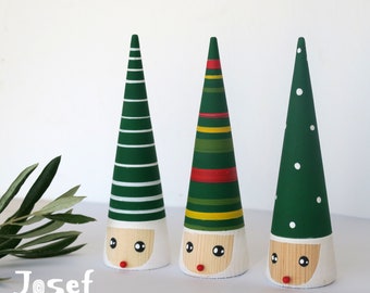 Handmade Set of 3 Green Wooden Christmas Gnomes: Winter Decor