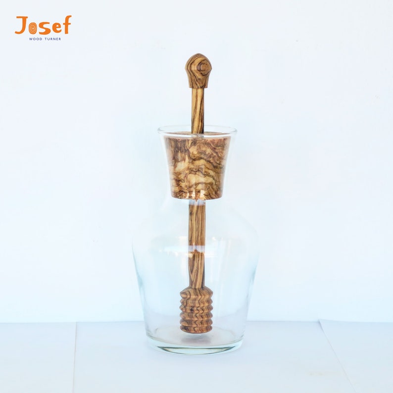 Glass and wood honey pot, honey vase with dipper, honey container, honey lovers gift 400ml or 13,5 OZ medium size image 4