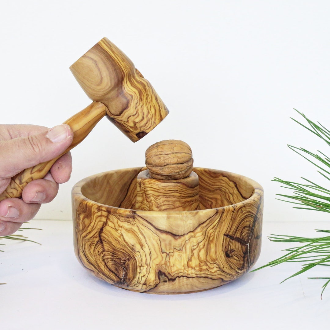Handmade Nut Cracking Bowl, Wood Nut Cracker, Bowl & Mallet Set, Walnut