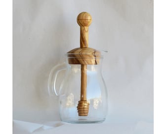 Honigkrug-Set aus Glas und Holz, Honigvase mit Schöpflöffel, Honigbehälter, Honigliebhaber Geschenk, Löffel aus Olivenholz [500ml (1lb) oder 250ml (0,5lb)]