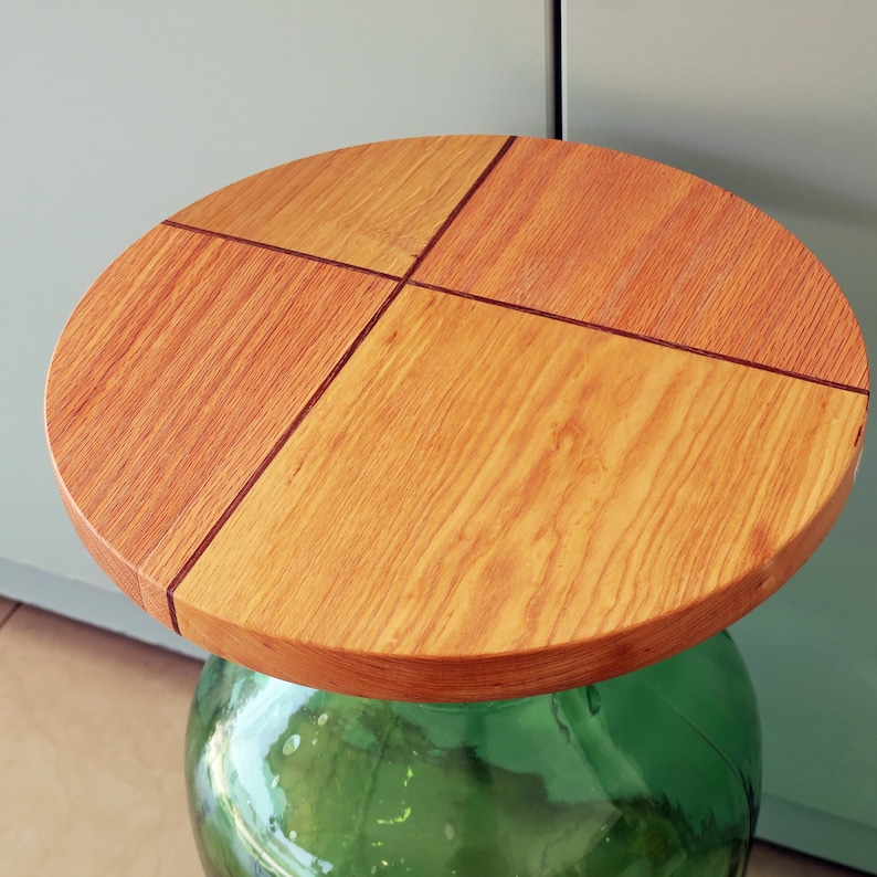 Upcycled old real vintage demijohn turned into a side table with the addition of a handmade wooden piece from combination of woods image 7