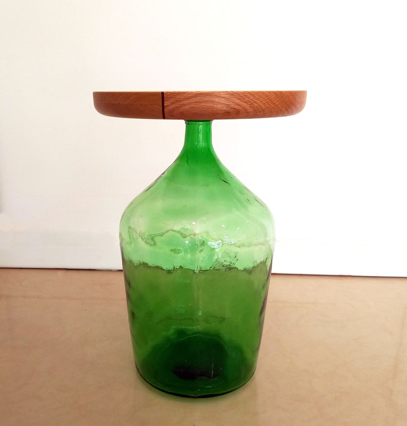 Upcycled old real vintage demijohn turned into a side table with the addition of a handmade wooden piece from combination of woods image 3