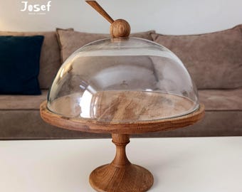 Ręcznie robiony drewniany stojak na ciasto ze szklaną kopułą, rustykalny stojak na ciasto z dębu, Josefwoodturner