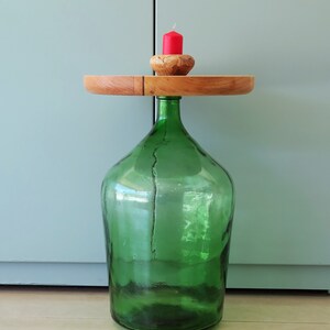 Upcycled old real vintage demijohn turned into a side table with the addition of a handmade wooden piece from combination of woods image 10