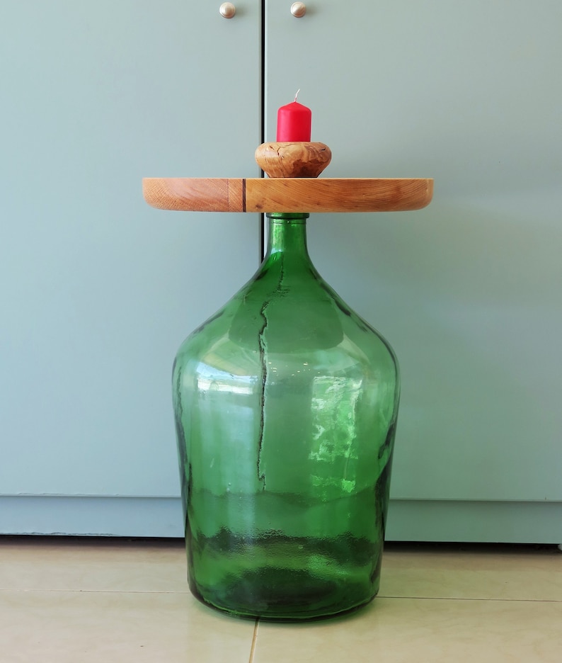 Upcycled old real vintage demijohn turned into a side table with the addition of a handmade wooden piece from combination of woods image 10