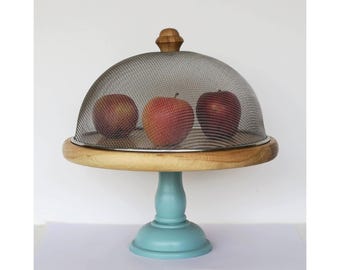 Rustic Wood Cake Stand with Turquoise Pedestal, Handmade Serving Tray