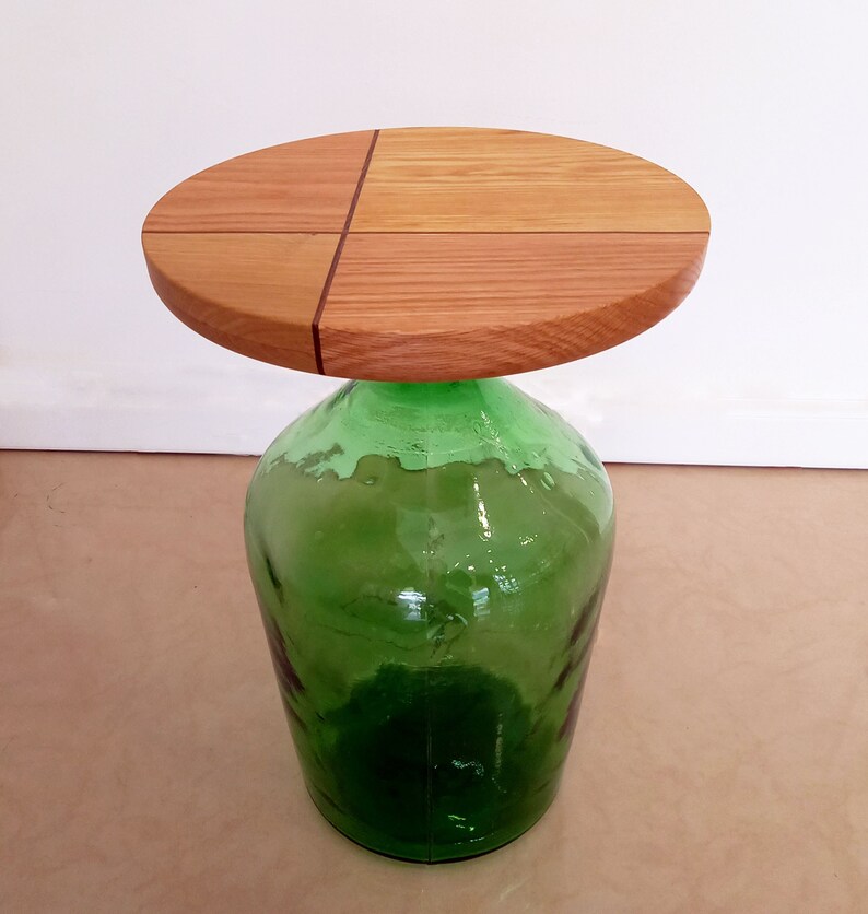 Upcycled old real vintage demijohn turned into a side table with the addition of a handmade wooden piece from combination of woods image 6