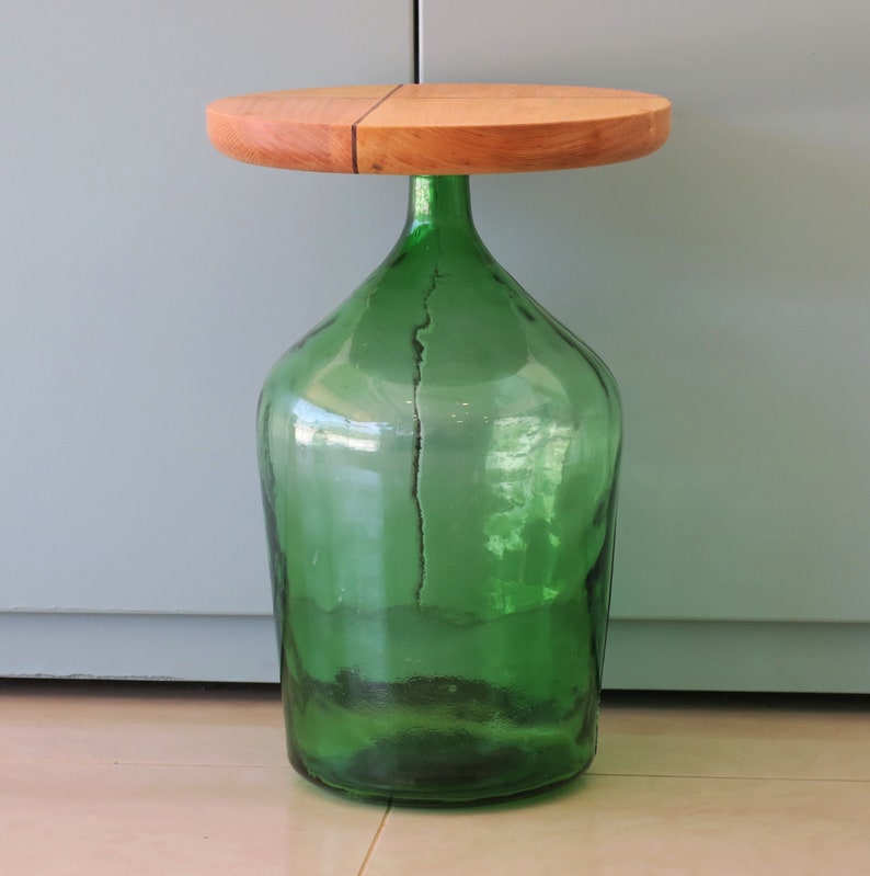 Upcycled old real vintage demijohn turned into a side table with the addition of a handmade wooden piece from combination of woods image 8