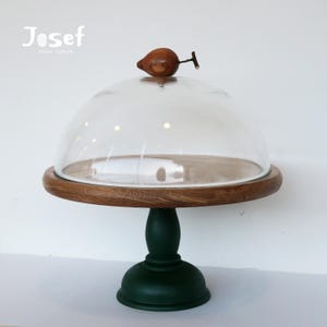 Handmade Wooden cake stand, unique rustic Cake Stand, country green cake stand, Wood Serving Stand with glass dome