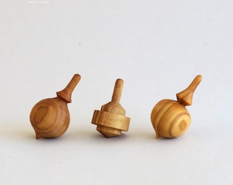 Tiny Olive Wood Spinning Tops - Set of 3 - Handmade Toys