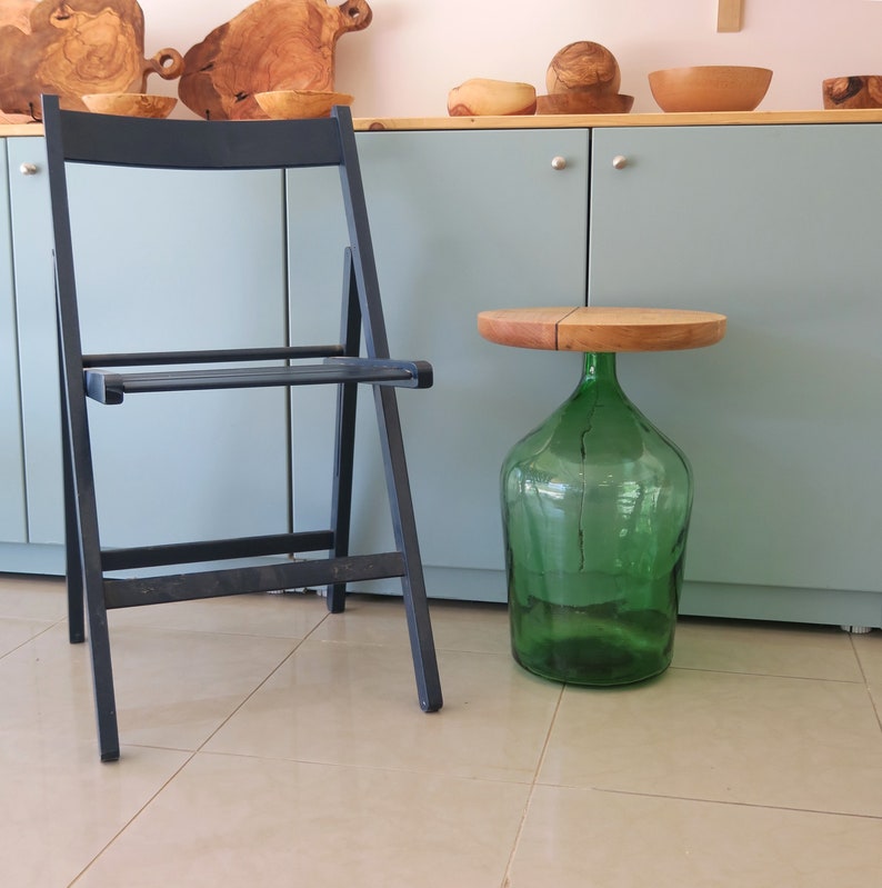 Upcycled old real vintage demijohn turned into a side table with the addition of a handmade wooden piece from combination of woods image 9