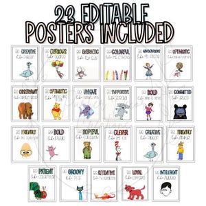 May include: A set of 23 printable posters featuring characters from popular children's books. Each poster includes a positive affirmation and a corresponding book character. The posters are designed to encourage children to be their best selves.
