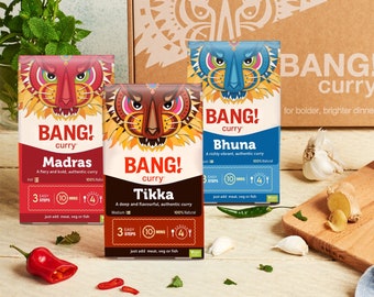 Bang Curry Kit Box - Mild, Medium & Hot- Curry Spice kits - Foodie Gift box -  Gifts for Him or Her