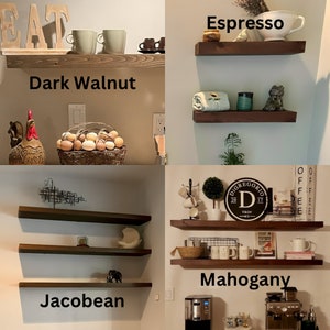 May include: Four wooden floating shelves in shades of brown: Dark Walnut, Espresso, Jacobean, and Mahogany. Each shelf is mounted on a white wall and displays decorative items such as mugs, plants, and artwork. The shelves are for home decor.