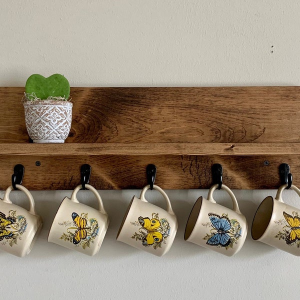 Handmade Wooden Coffee Mug Rack with Shelf: Kitchen Organizer