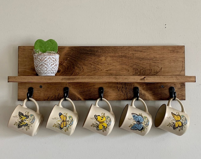 Handmade Wooden Coffee Mug Rack with Shelf: Kitchen Organizer