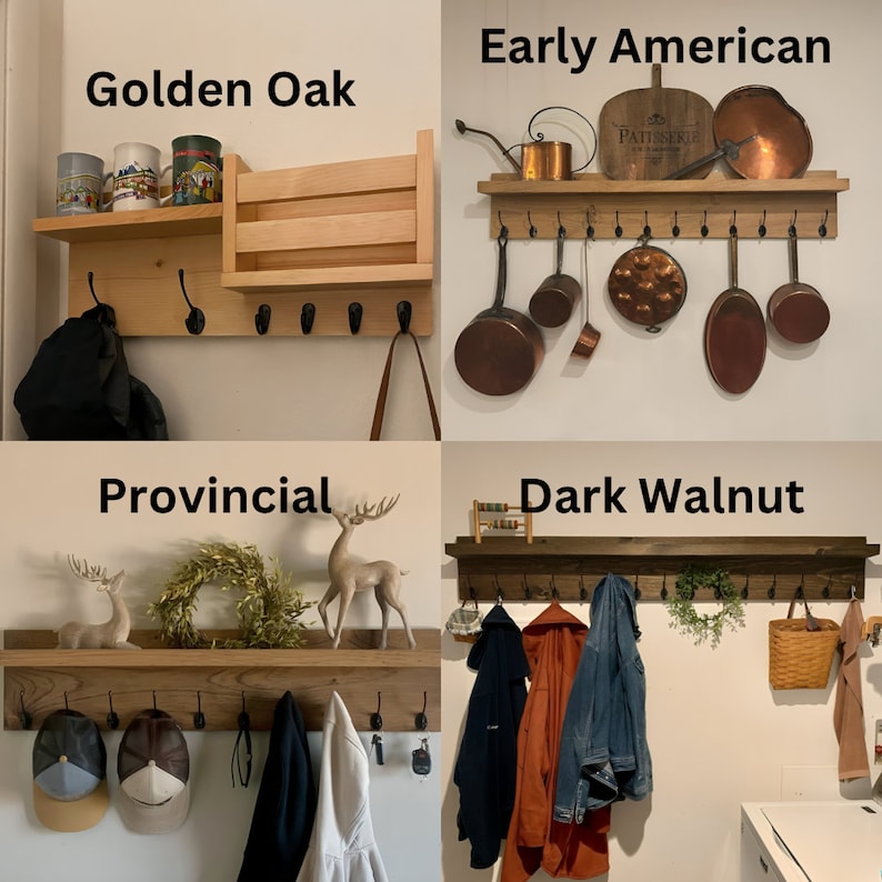 May include: Four different wood shelf styles with hooks. The shelves are labeled "Golden Oak", "Early American", "Provincial", and "Dark Walnut". Each shelf has a different style of hooks and is decorated with various items.