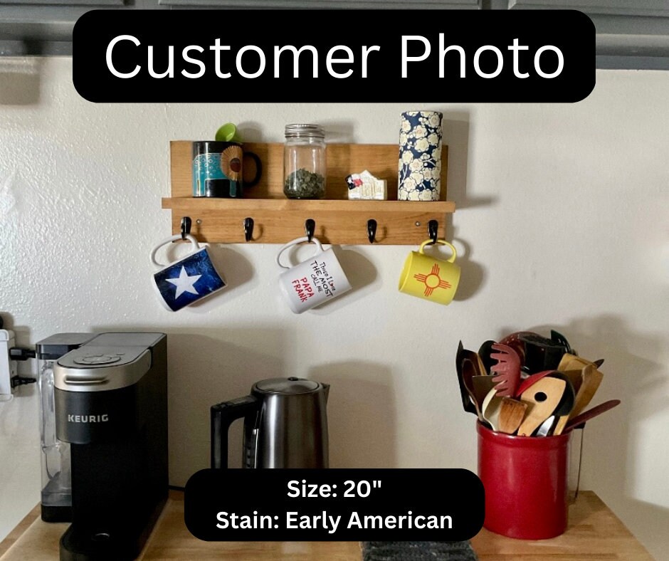 Coffee Mug Rack With Shelf, Wooden Coffee Cup Holder With Hooks, Coffee Bar  Organizer, Coffee Station, Kitchen Organization, Gifts for Her 