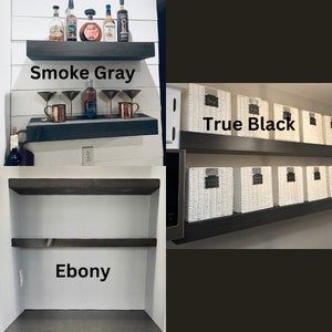 May include: Three floating shelves in different colours: Smoke Gray, True Black, and Ebony. The Smoke Gray shelf displays liquor bottles and barware. The True Black shelf holds white woven storage baskets. The Ebony shelf is empty. Text on the image reads "Smoke Gray", "True Black", and "Ebony".