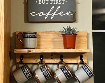 Rustic Coffee Mug Holder with Shelf and Hooks: Coffee Bar Decor