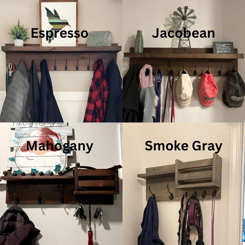 May include: Four wooden coat racks with shelves and hooks. The coat racks are shown in four different wood stains: Espresso, Jacobean, Mahogany, and Smoke Gray. Each rack has a shelf and five hooks. The Espresso rack has a picture of a bird on the shelf. The Jacobean rack has a small windmill on the shelf. The Mahogany rack has a snowman on the shelf. The Smoke Gray rack has a small mail slot on the shelf.