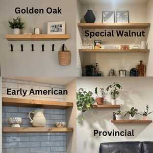 May include: Four images displaying wooden floating shelves in different styles. The shelves are labelled "Golden Oak", "Special Walnut", "Early American", and "Provincial". Each shelf is decorated with items such as plants, decor, and kitchenware.
