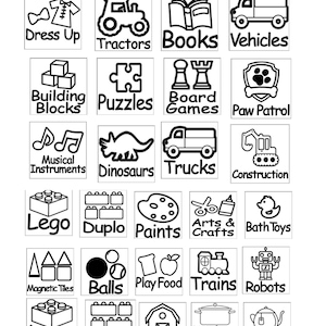 May include: Black and white printable labels for toy storage bins. The labels feature various toy categories, including dress up, tractors, books, vehicles, building blocks, puzzles, board games, paw patrol, musical instruments, dinosaurs, trucks, construction, lego, duplo, paints, arts and crafts, bath toys, magnetic tiles, balls, play food, trains, robots, happy land, kitchen toys, and tea set. The labels say "Toy Labels Available" and "Choose Your Own!"