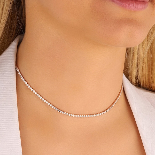 1,5 Mm White Stone Silver Tennis Choker Necklace , Cubic Zirconia Tennis Choker Necklace, Sterling Silver Choker Necklace, Diamond Tennis
