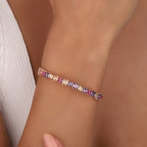 Pulseira de prata com pedra baguete colorida, pulseiras de pedra colorida, pulseiras de empilhamento, Semanario, pulseira de empilhamento, pulseiras finas e brilhantes