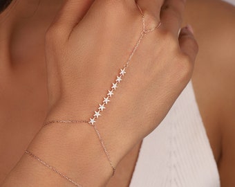 Sterling Silver Sword Bracelet with Sequenced Stars, Hand Chain Bracelet in 925K Silver - Dainty Celestial Slave Bracelet for Women