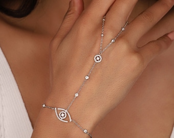 Zircon Stone Eye Sterling Silver Sahmeran Bracelet - Hand Chain