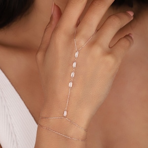 Pulsera Shahmeran de plata con piedra blanca, cadena de mano, anillo, pulsera esclava, plata 925 y baño de oro de 14 quilates.