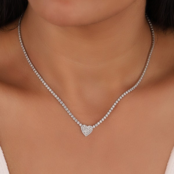 2 mm Tennis Chain Heart Sterling Silver Necklace, Cubic Zirconia Tennis Choker Necklace, Sterling Silver Choker Necklace