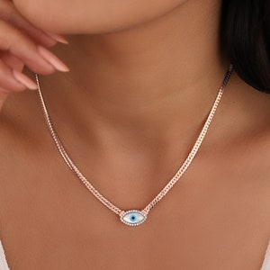 Herringbone Kette Auge Silber Halskette, 18 K Gold Schlangenkette / Hochwertige Flache Schlangenkette mit Bösem Blick Anhänger / Goldkette