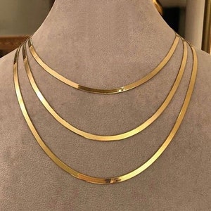 14K Gold flat snake chain, Herringbone Necklace or Bracelet, Gold over 925 Sterling Silver Choker - High-quality Flat snake chain gold chain