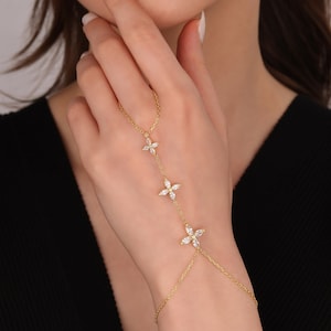 Triple Daisy Model Silver Shahmeran Bracelet, 925 Solid Silver Hand Chain, Slave Chain Adjustable Bracelet, Finger Turkish Serpent Bracelet