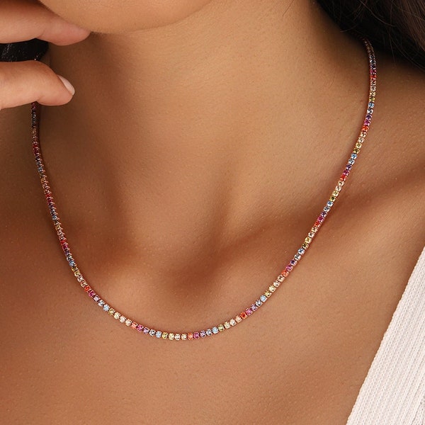 Sterling Silver Rainbow Tennis Necklace: CZ Crystal Choker, Bracelet