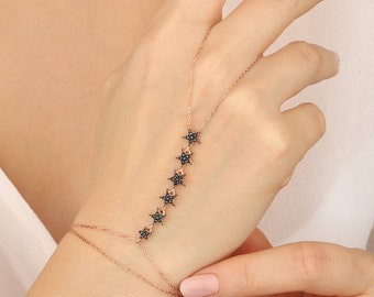 Black Stone Lined Star Silver Sahmaran , Delicate Ring Bracelet | Dainty Ring Bracelet | Gold Finger Bracelet | Delicate Hand Jewelry |
