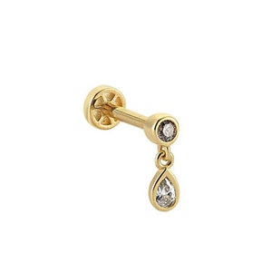 14k Gold Tragus Piercing With Dangle Drop Stone - Gold Tragus Hoop Piercing - Dainty Tragus Cartilage Earring