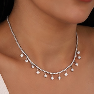 Dangle Stone 2 mm Tennis Ketten-Halskette, Cubic Zirkonia Tennis Choker Halskette, Cz Tennis Halskette, zierliche Silberkette, Brautschmuck