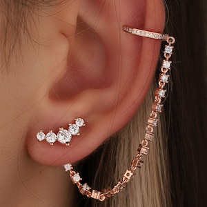 Studded Silver Chain Ear Cuff with Stones, Earring Chain - Helix Chain - Chain Ear jacket- Dangle Earring - Earring Charm Chain - Cartilage
