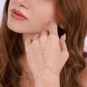 Finger Chain Silver Slave Bracelet with White Stone Heart, Hand Chain, Dainty Gold Hand Chain, Silver Finger Chain, Chain Bracelet with Ring