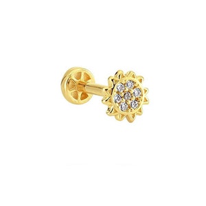 Piercing tragus em ouro 14k com pedra margarida, joia tragus, brinco tragus dourado, parafuso helicoidal, pino de cartilagem, pino estrela