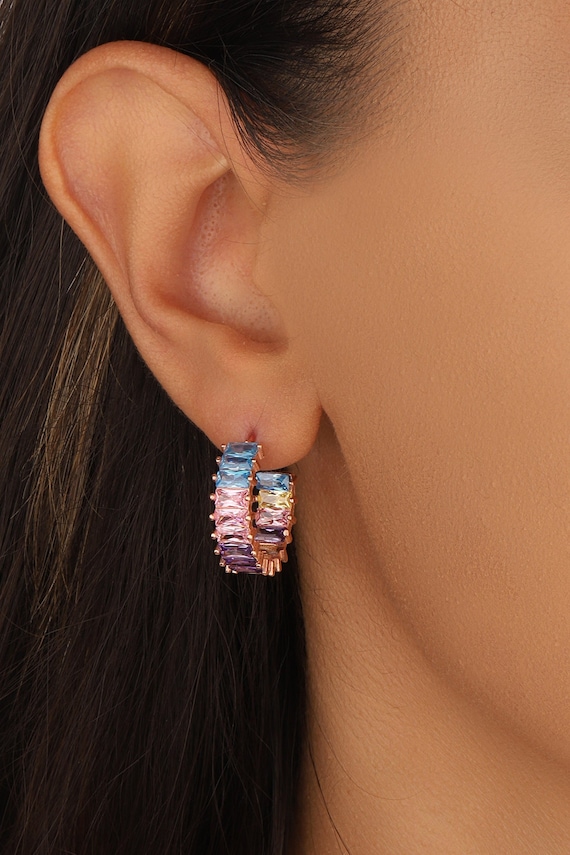 Baguette Colored Stone Silver Earrings Rainbow Baguette Huggies Earring Multi colored Gold Plated Shiny Cubic Zirconia Gemstone Hoops Etsy Ireland