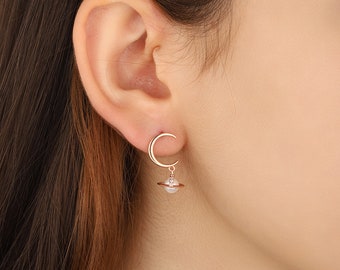 Pearl Galaxy Silver Earrings, Pearl Planet Hoop Earrings