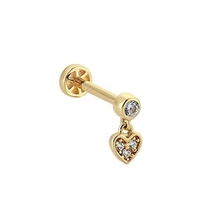 14k Gold Tragus Piercing With Dangle Heart Stone