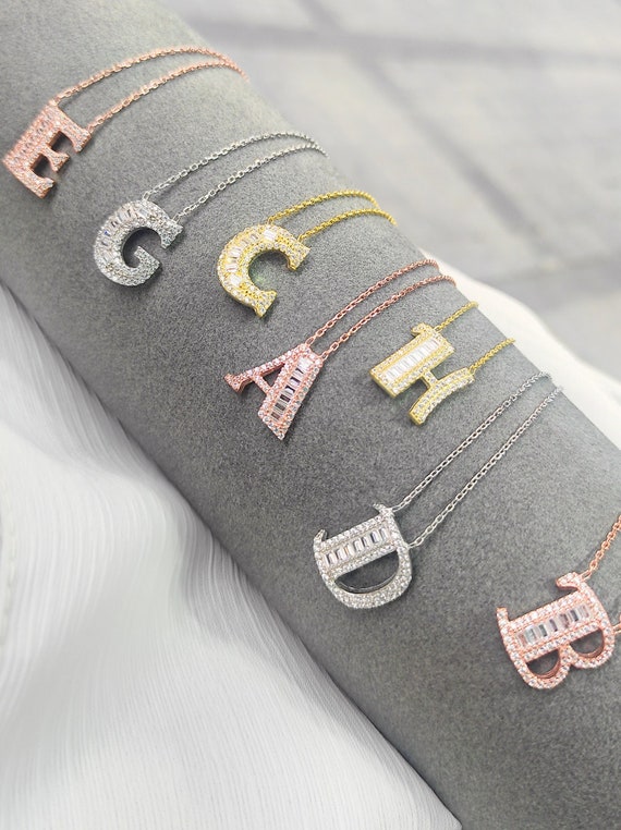 Baguette Stone Diamond Model 925 Silver Letter Necklace Diamond Initial Necklace A Letter Necklace Baguette Necklace Etsy Australia